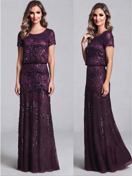 Adrianna Papell Dresses & Skirts - New Adrianna Papell Evening Beaded Dress Plum Floor-Length Short Sleeves Small